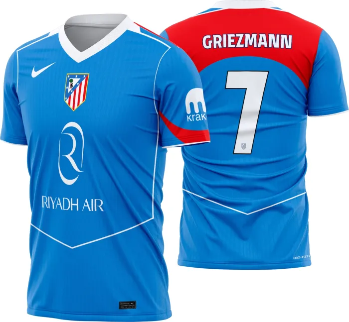 Camiseta preta unissex com logo no peito e estampa grande nas costas inspirada na camisa Atletico de Madrid Terceira 2025-26