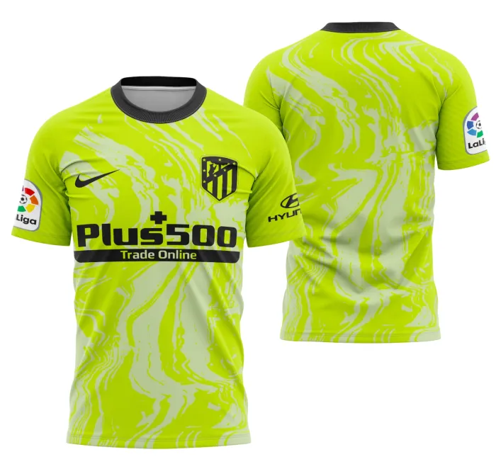 Camisa preta unissex com logo no peito Atlético De Madrid e estampa grande nas costas do terceiro uniforme 2020-2021, ideal para fãs e colecionadores do time espanhol.