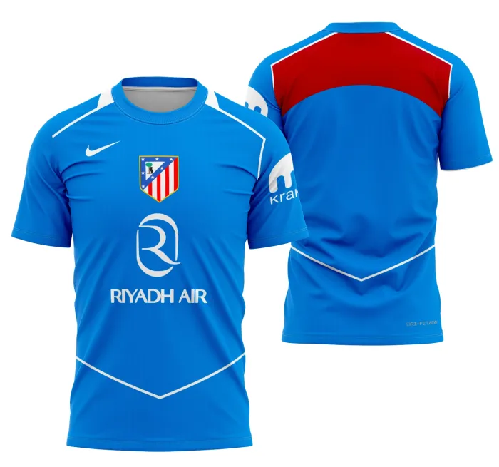 Camisa preta unissex com logo no peito e estampa grande nas costas inspirada no Atlético De Madrid Terceiro 2025-2026, perfeita para torcedores e fãs do time espanhol.