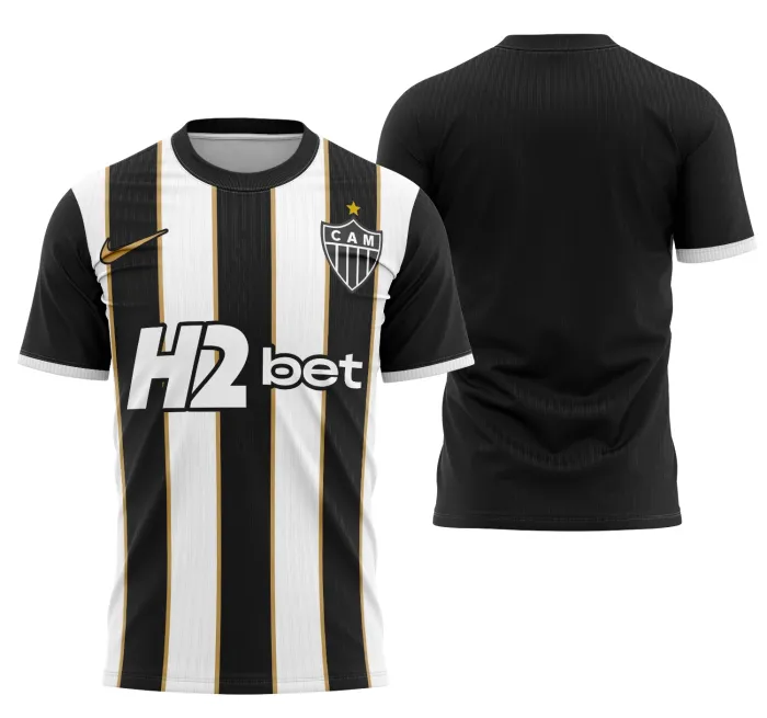 Camiseta unissex preta com logo do Atlético Mineiro no peito e estampa grande nas costas tema Casa 2026, ideal para torcedores e colecionadores do time.