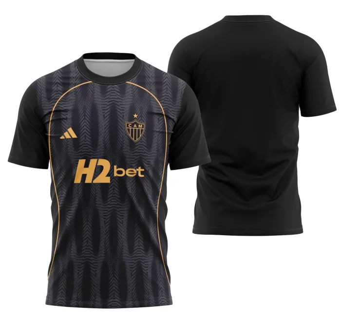 Camiseta preta unissex com logo no peito e estampa grande nas costas inspirada no Atlético Mineiro Terceiro Kit 2026, visual moderno e esportivo, ideal para torcedores e fãs do clube.