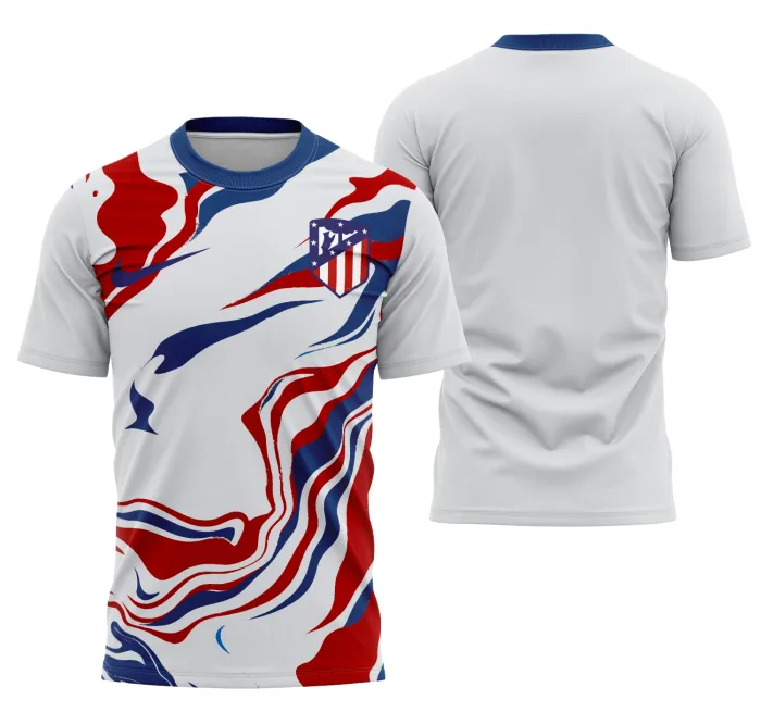 Camiseta unissex preta com logo no peito e estampa grande nas costas do Atletico de Madrid, perfeita para quem ama futebol e estilo esportivo.