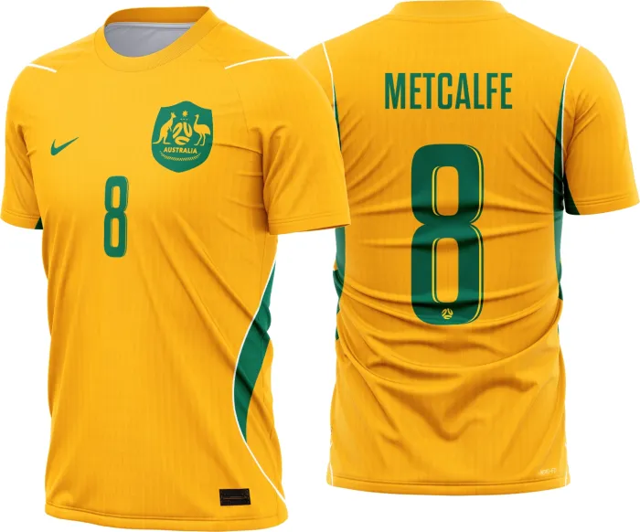 Camiseta unissex preta com logo no peito e estampa grande nas costas da seleção Australia Titular 2026 2028, perfeita para fãs do futebol.