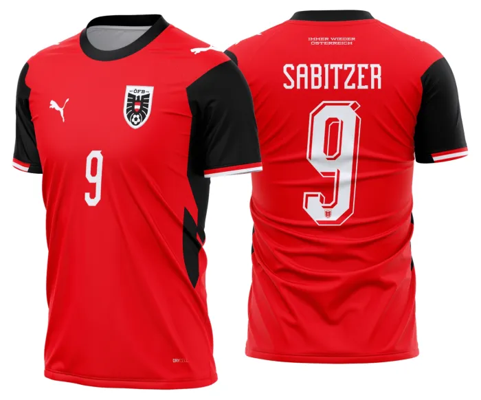 Camiseta unissex preta com logo no peito e estampa grande nas costas da seleção austríaca titular 2026-2028, ideal para torcedores que querem mostrar paixão pelo time.