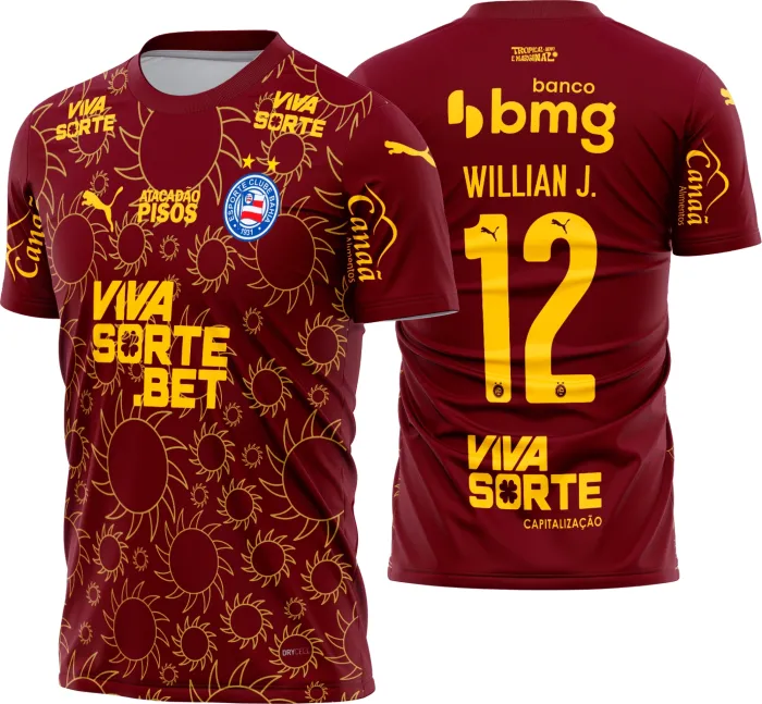 Camiseta unissex preta com logo no peito e estampa grande nas costas mostrando o time Bahia Terceira 2025 2026, perfeita para fãs e torcedores.