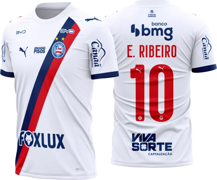 Camiseta preta unissex com logo do Bahia no peito e estampa grande nas costas, destacando o design do time Bahia titular 2026-27 em estilo moderno e vibrante.