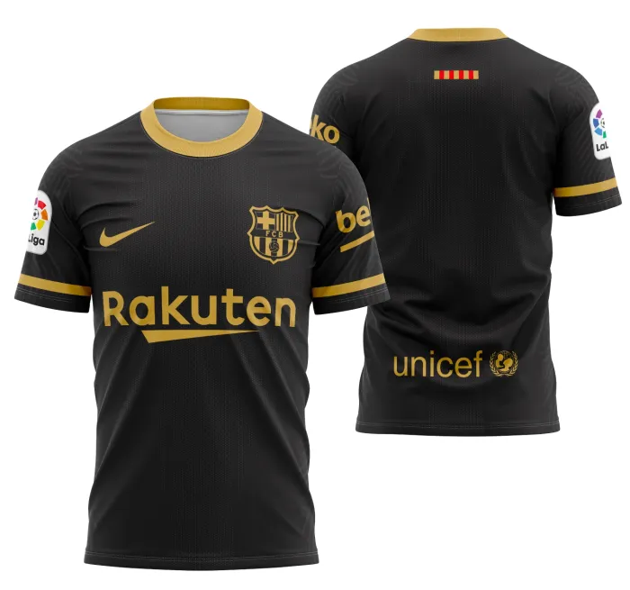 Camiseta unissex preta com logo no peito e estampa grande nas costas do Barcelona Away Jersey 2020-2021, ideal para fãs do futebol e colecionadores