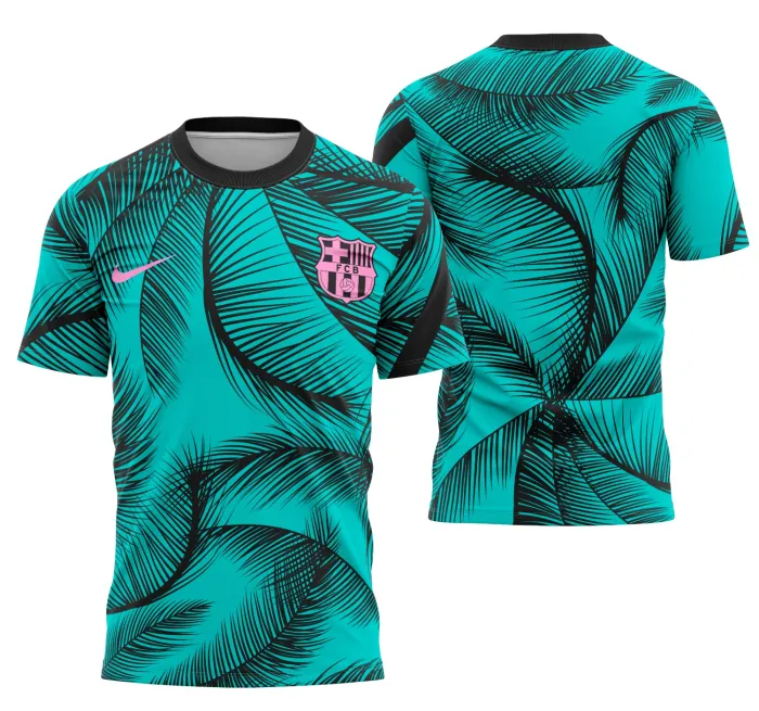 Camiseta unissex preta com logo no peito e estampa grande nas costas inspirada na Camisa Barcelona Calentamiento 2021-21 UCL, perfeita para fãs de futebol e estilo urbano.