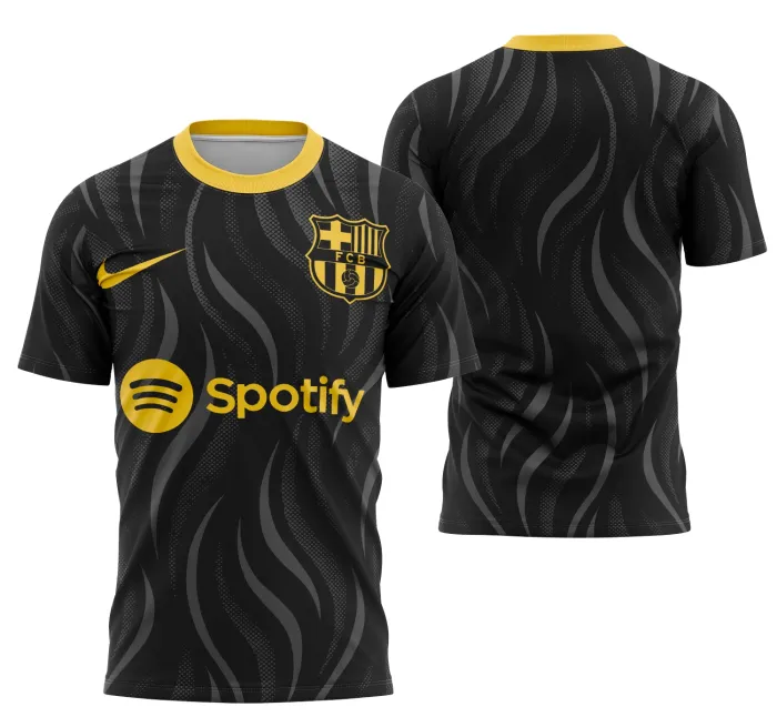 Camiseta unissex preta com logo no peito e estampa grande nas costas, tema Barcelona Conceito, visual moderno e esportivo perfeito para fãs do time.