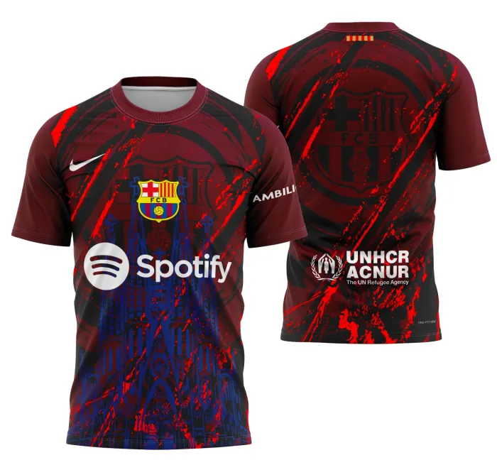 Camiseta preta unissex com logo no peito e estampa grande nas costas inspirada no conceito Barcelona Concept 2025, ideal para quem busca estilo moderno e urbano.