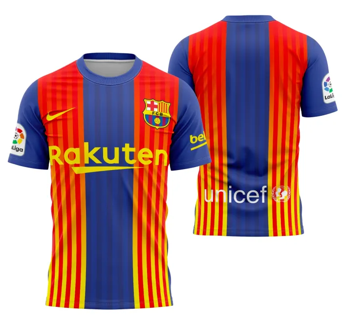 Camiseta preta unissex com logo no peito e estampa grande nas costas do Barcelona Cuarta Equipacion 2020-2021, ideal para fãs do time que buscam estilo e conforto.
