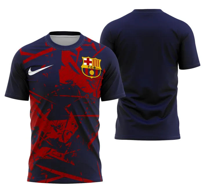 Camiseta unissex preta com logo no peito e estampa grande nas costas do time Barcelona FC, perfeita para torcedores que buscam estilo e conforto no visual.
