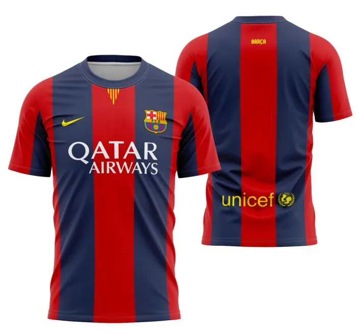Camisa preta unissex com logo no peito e estampa grande nas costas do Barcelona Home Jersey 2014-2015, mostrando um visual clássico e estiloso para fãs do futebol.