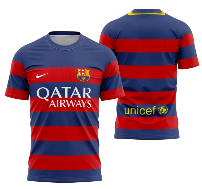 Camiseta unissex preta com logo no peito e estampa grande nas costas inspirada na camisa Barcelona Home Jersey 2015-2016, visual moderno e esportivo perfeito para torcedores.