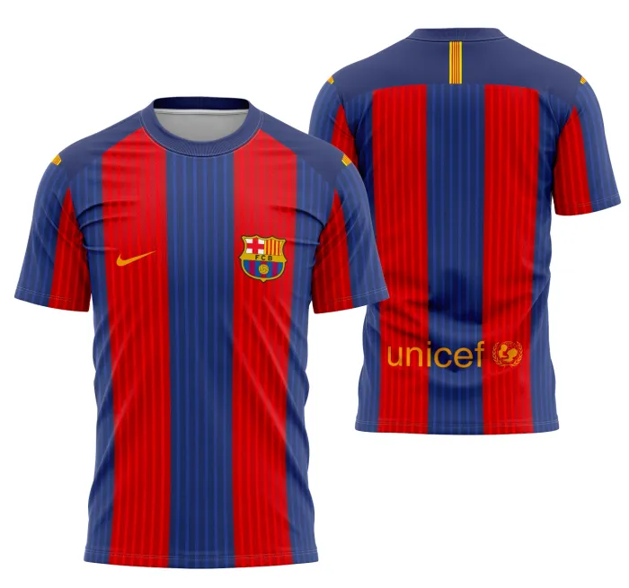 Foto de camiseta unissex branca com logo no peito e estampa grande nas costas do tema Camisa Barcelona Home Jersey 2016-2017, destacando detalhes vibrantes e design esportivo.