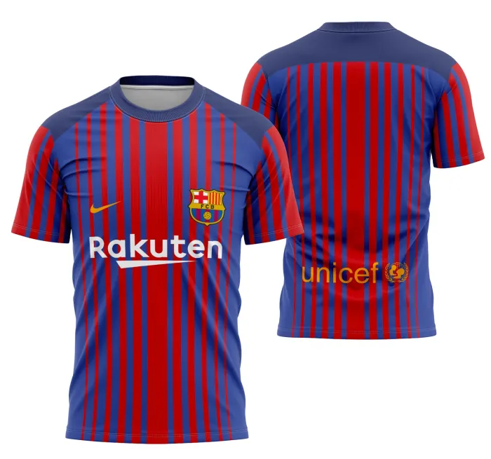Foto de camiseta unissex com cor base branca, logo no peito e estampa grande nas costas da camisa Barcelona Home Jersey 2017-2018, perfeita para fãs do futebol e colecionadores.