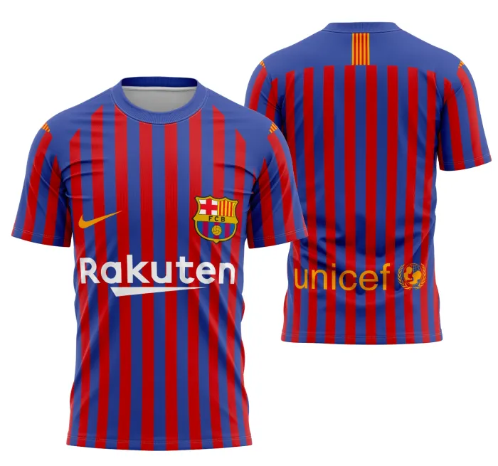 Camisa unissex preta com logo no peito e estampa grande nas costas homenageando Barcelona Home Jersey 2018-2019, estilo esportivo e moderno.
