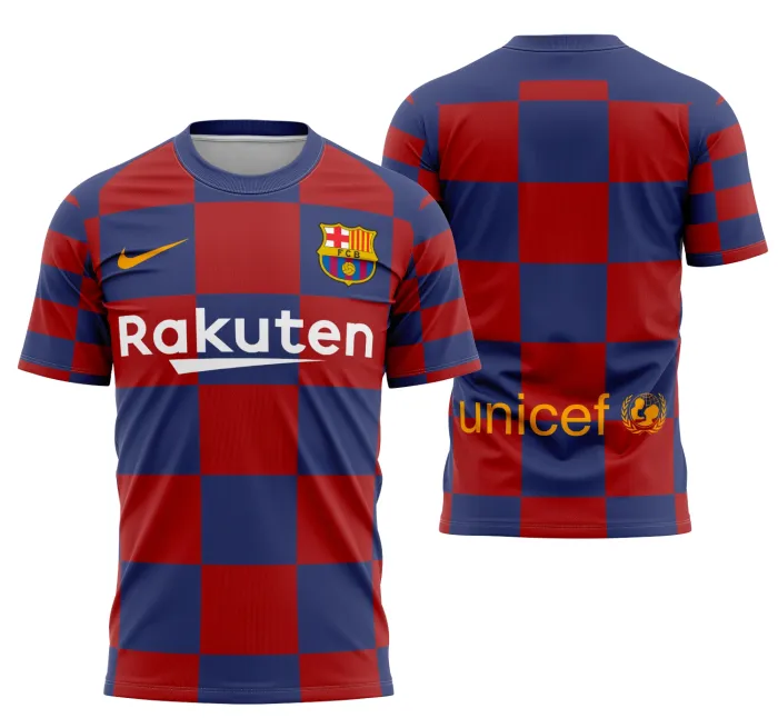 Camiseta unissex preta com logo no peito e estampa grande nas costas inspirada na camisa Barcelona Home Jersey 2019-2020, perfeita para fãs do futebol e torcedores.