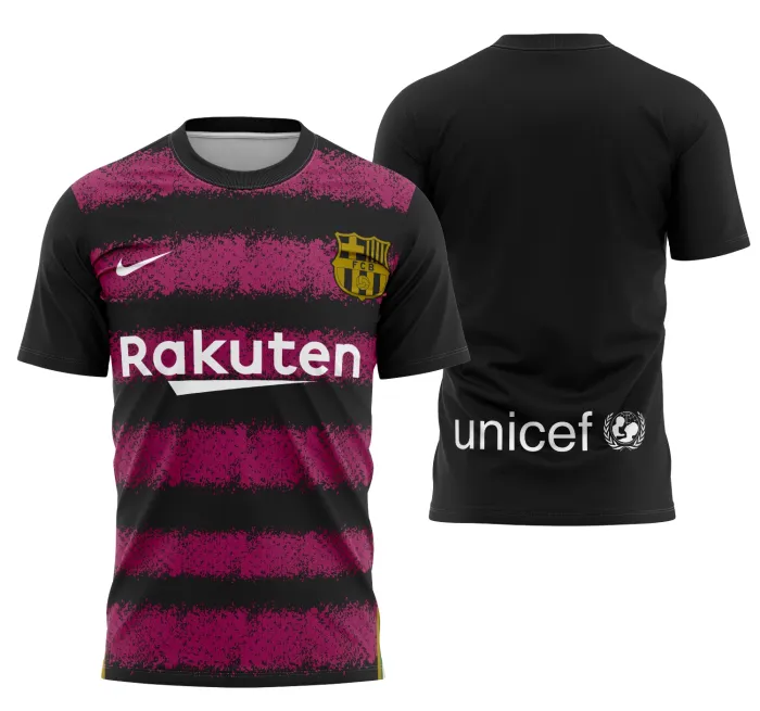 Camiseta unissex preta com logo no peito e estampa grande nas costas do tema Barcelona Portero Concept, ideal para fãs do futebol e da equipe.