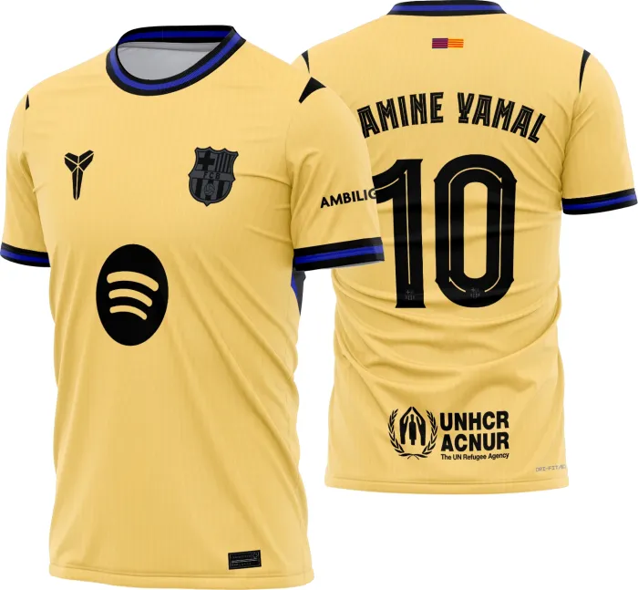 Camiseta unissex preta com logo no peito e estampa grande nas costas inspirada no Barcelona Reserva 2025 - 2026, design moderno e vibrante para torcedores e fãs do futebol.