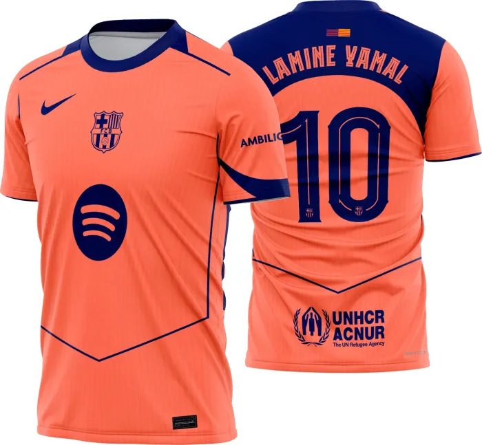 Camiseta unissex preta com logo no peito e estampa grande nas costas inspirada no Barcelona Terceira 2025 2026, modelo moderno e estiloso.