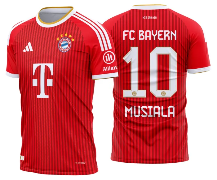 Camisa preta unissex com logo do Bayern de Munique no peito e estampa grande nas costas da camisa titular 2026 2027, perfeita para fãs do futebol e colecionadores.