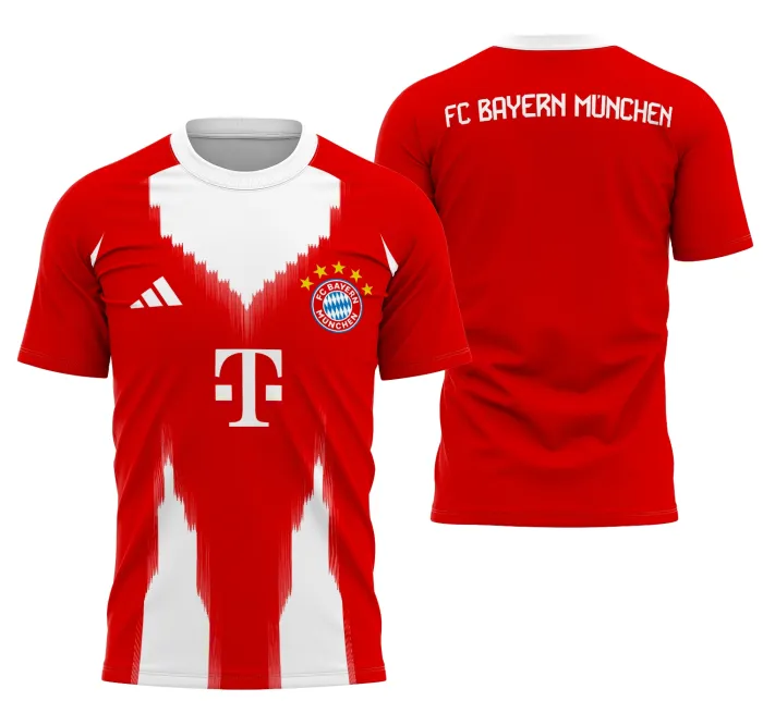 Camisa preta unissex com logo no peito e estampa grande nas costas da temporada Bayern Munchen 2025-26, camiseta ideal para fãs e torcedores do time com design moderno e elegante.