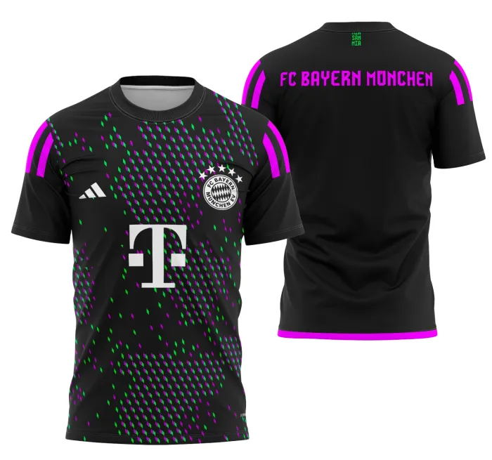 Foto de camiseta unissex branca com logo no peito e estampa grande nas costas da camisa Bayern Munchen Visita 2023-2024, perfeita para fãs do time que buscam estilo e conforto.
