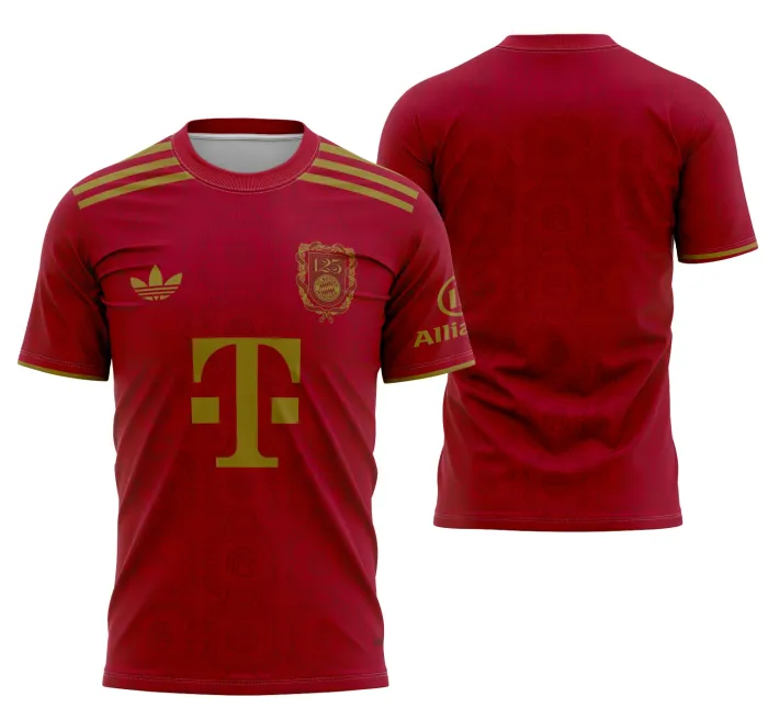 Camiseta unissex branca com logo no peito e estampa grande nas costas celebrando Bayern Munich Aniversario 2024-2025, visual moderno e vibrante perfeito para fãs do clube.