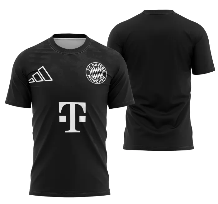 Camiseta unissex branca com logo no peito e estampa grande nas costas inspirada no Bayern Munich FC, perfeita para torcedores e fãs do time.