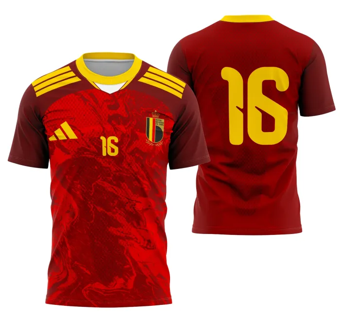 Camiseta unissex preta com logo no peito e estampa grande nas costas com tema Bélgica Conceito, ideal para uso casual e eventos esportivos.