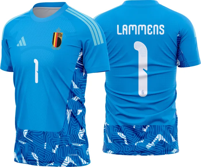 Camiseta unissex preta com logo no peito e estampa grande nas costas temática Bélgica goleiro 2026-2028, ideal para fãs do futebol, estilo moderno e confortável.
