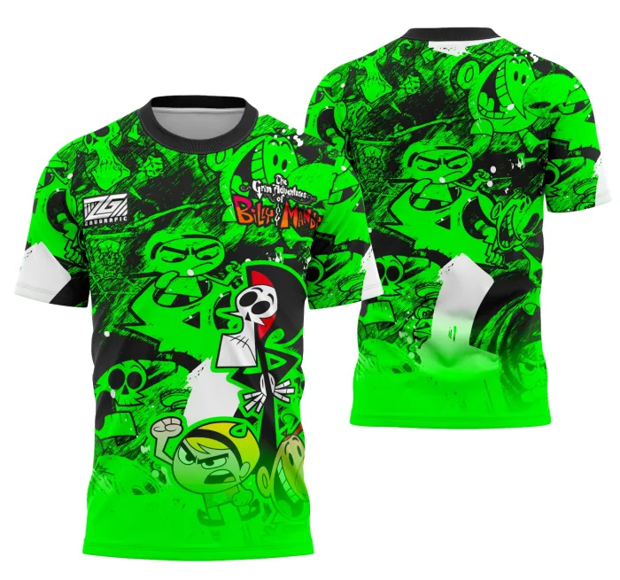 Camiseta unissex preta com logo no peito e estampa grande nas costas do tema Billy e Mandy Interclasse 2025, ideal para quem busca estilo e conforto no dia a dia.