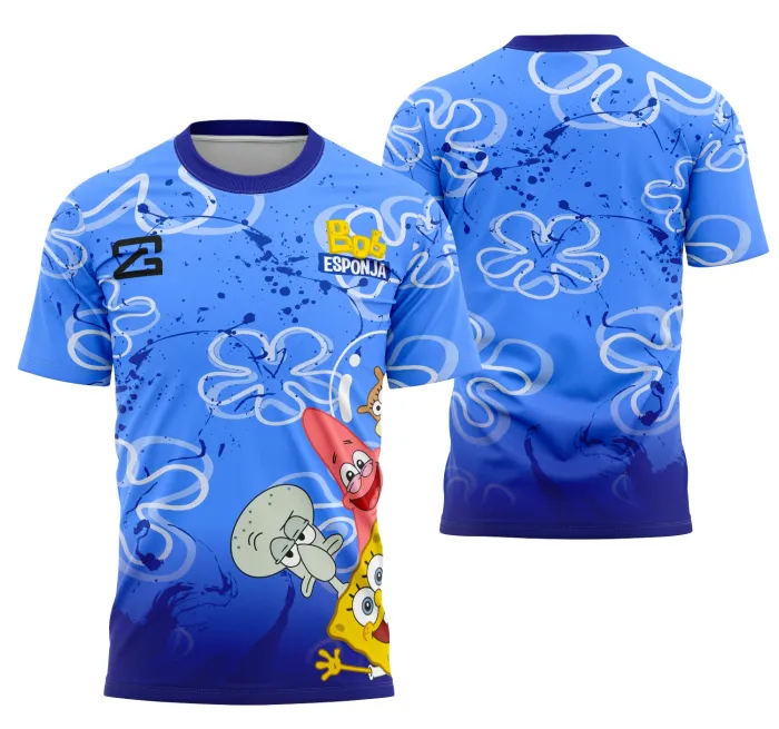 Camiseta unissex branca com logo no peito e estampa grande nas costas com desenho divertido do personagem Bob Esponja, perfeita para fãs do desenho animado.