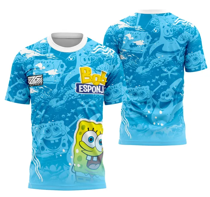 Camiseta unissex branca com logo no peito e estampa grande nas costas com tema Bob Esponja Interclasse 2025, perfeita para eventos escolares e esportivos.