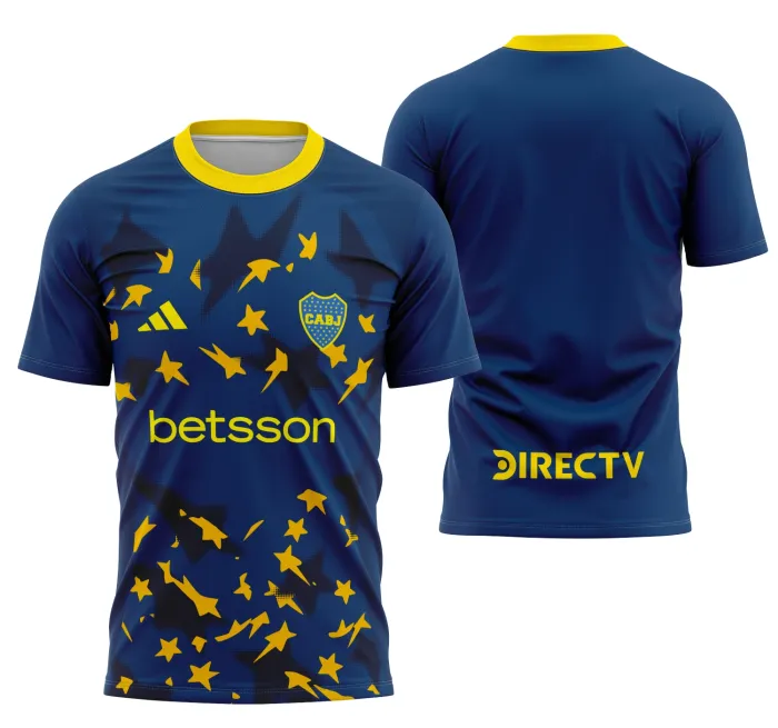 Camiseta unissex preta com logo no peito e estampa grande nas costas do Boca Juniors Terceiro Uniforme 25-26, ideal para fãs do time e estilo esportivo.