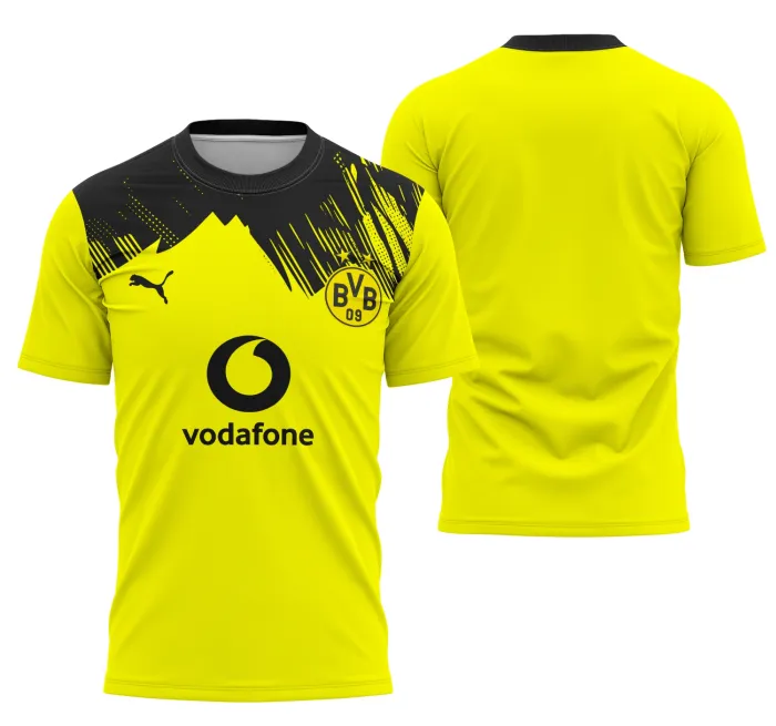 Camiseta preta unissex com logo no peito e estampa grande nas costas do Borussia Dortmund Uniforme Principal 2025, perfeita para fãs do time.