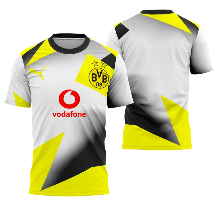 Camiseta unissex preta com logo no peito e estampa grande nas costas do Borussia Dortmund Uniforme Reserva 2025-26, perfeita para fãs do time e amantes de futebol.