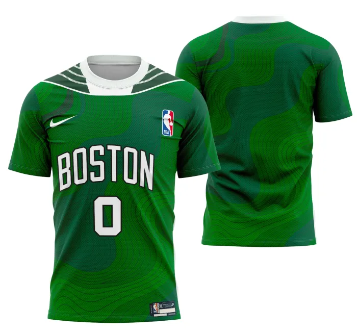 Camiseta unissex branca com logo no peito e estampa grande nas costas do time Boston Celtics Casa Conceito, design moderno e cor vibrante ideal para fãs e uso esportivo