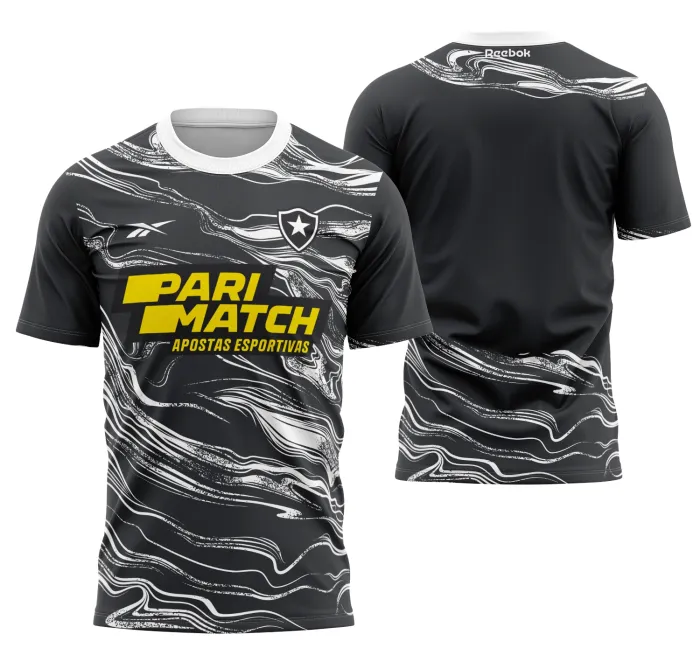 Camiseta unissex preta com logo no peito e estampa grande nas costas do Botafogo Quarto Uniforme, destaque para design moderno e esportivo.