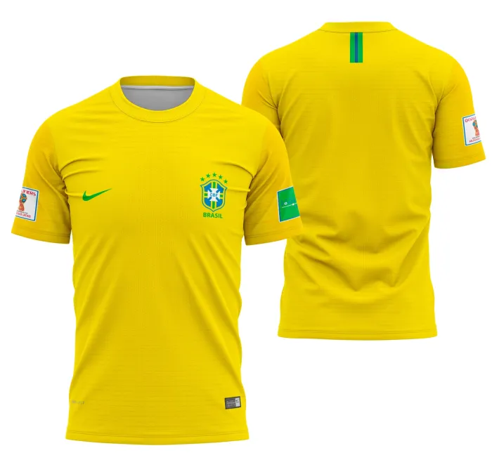 Camiseta unissex branca com logo no peito e estampa grande nas costas alusiva à Camisa Brasil Camiseta Local 2018, perfeito para torcer com estilo e conforto.