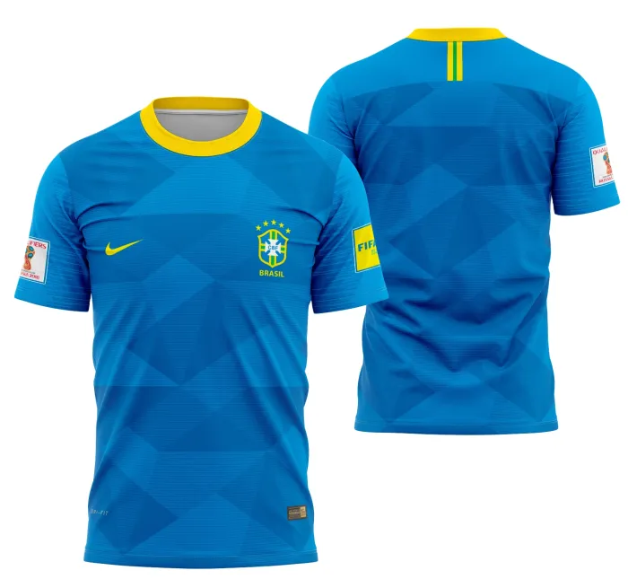 Camiseta unissex preta com logo no peito e estampa grande nas costas da seleção brasileira visitante 2018, design moderno e vibrante para torcedores apaixonados.
