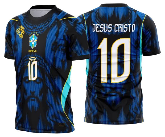 Camiseta unissex preta com logo no peito e estampa grande nas costas sobre conceito Jesus Cristo e Brasil Azul 2026, ideal para quem busca estilo moderno e religioso.
