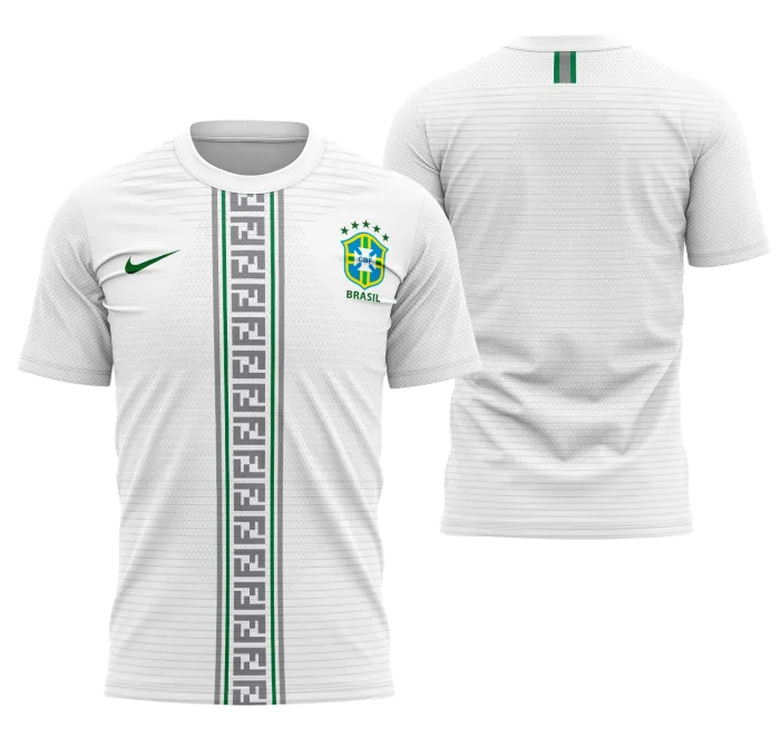 Camiseta unissex branca com logo no peito e estampa grande nas costas com tema Brasil Concept, trazendo design moderno e vibrante para um visual casual.