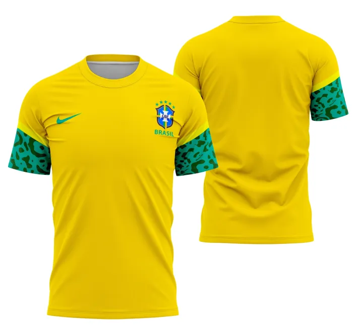Camiseta unissex preta com logo no peito e estampa grande nas costas com tema do Brasil Concept 2022, destacando design moderno e esportivo.