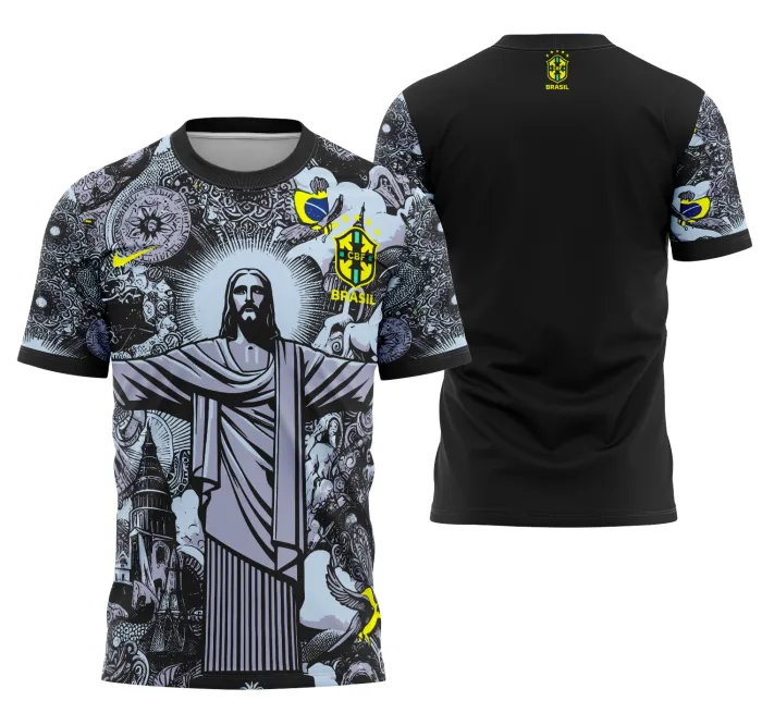 Camiseta unissex preta com logo no peito e estampa grande nas costas mostrando o tema Brasil Concept 2024, perfeita para quem quer vestir orgulho e estilo de forma moderna.