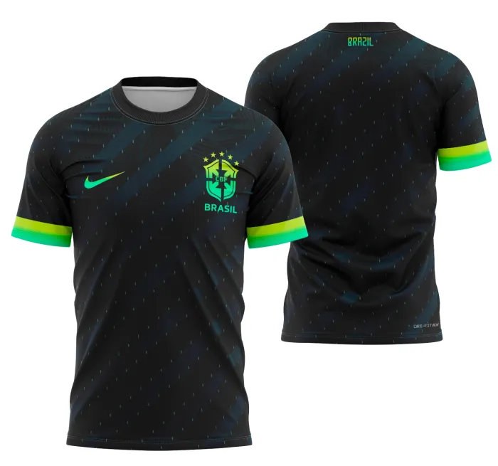 Camiseta unissex branca com logo no peito e estampa grande nas costas inspirada no tema Brasil Concept 2024, design moderno e vibrante, ideal para torcedores e fãs da seleção.
