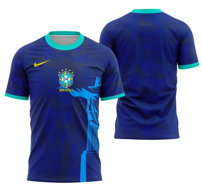 Camiseta unissex preta com logo no peito e estampa grande nas costas inspirada no Brasil Concept 2024 Modelo 2, design moderno e vibrante para torcedores.