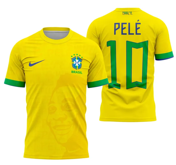 Camiseta unissex preta com logo no peito e estampa grande nas costas inspirada no Brasil Concept Pele 2023, com design moderno e vibrante.
