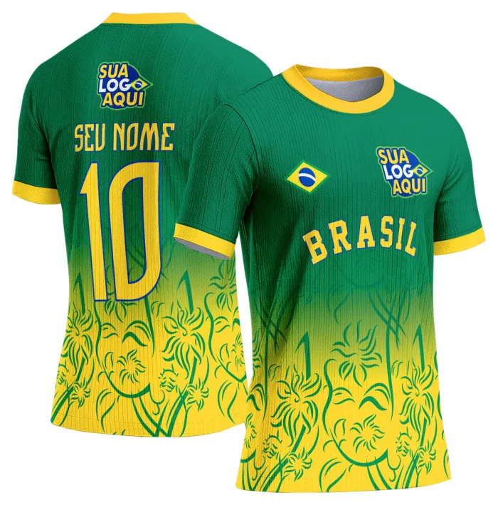 Camiseta unissex branca com logo no peito e estampa grande nas costas da seleção Brasil Copa do Mundo 2026, estilo moderno e vibrante, perfeita para torcedores apaixonados.